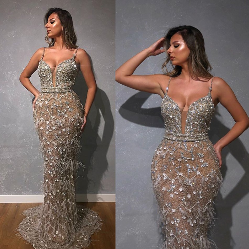 

2020 Bling Mermaid Evening Dresses Spaghetti Beaded Sequins Feather Sash Lumbar Prom Dress Sweep Train Custom Made Formal Party Gown, Ivory