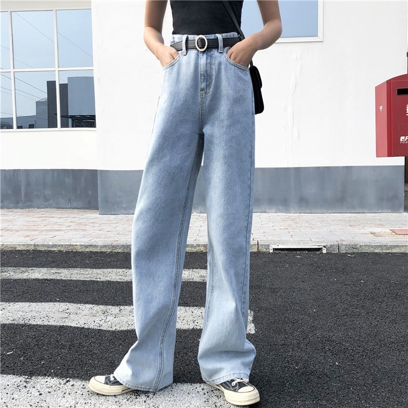 

Korean High Waist Wide Leg Jeans Girls Streetwear Loose Boyfriend Jeans for Women Preppy Style Casual Straight Denim Pants Mujer, Blue