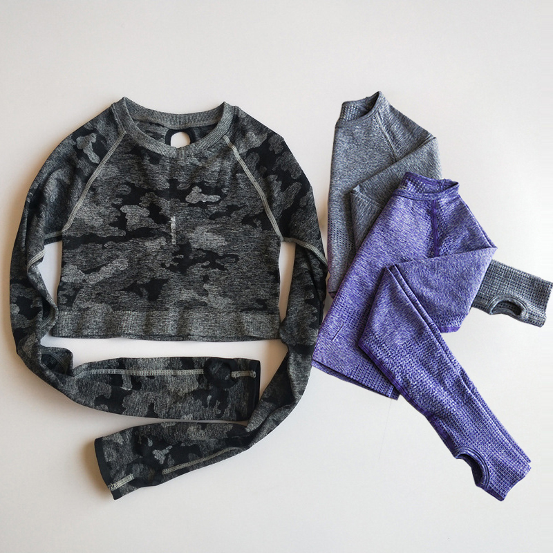 

Woman Long Sleeve Camo Seamless Gym Shirt Yoga Sport Top Workout Tops For Women Fitness Tshirt Women' T-shirt Sportswear, Black