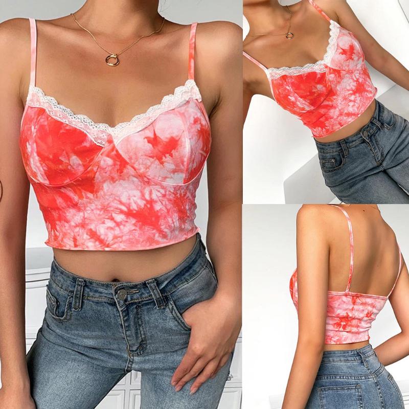 

Womail 2020 New Women Summer Tops Sexy V-neck Tie Dye Camouflage Pint Tees Cami Ladies Patch Lace sling Sleeveless Short Blouse, Rd