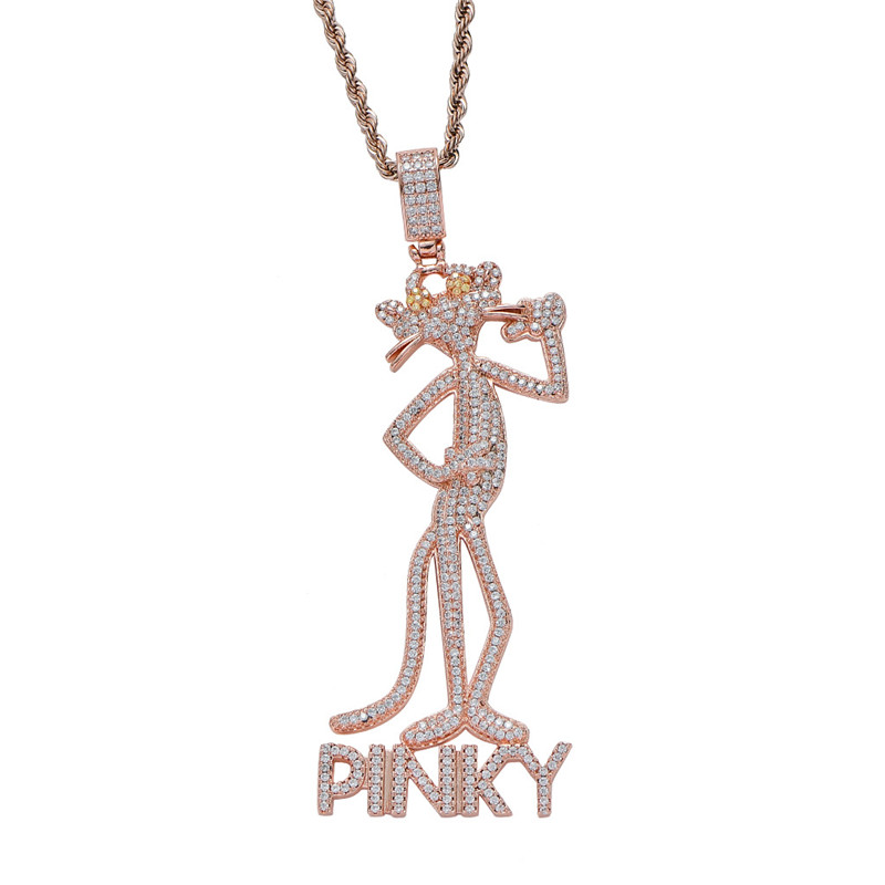 

Iced Out Pink Panther and Sons Pendant Necklace Micro Paved Zircon Gold Silver Plated Bling Hip Hop Jewelry