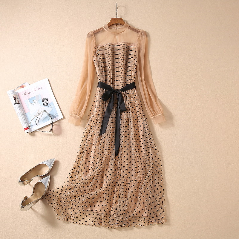 

Designer 2020 Khaki Mesh Polka Dot Embroidery Crew neck Women' Dress Milan Runway Long Sleeve print dress Holiday Long Dress 031614, Picture color