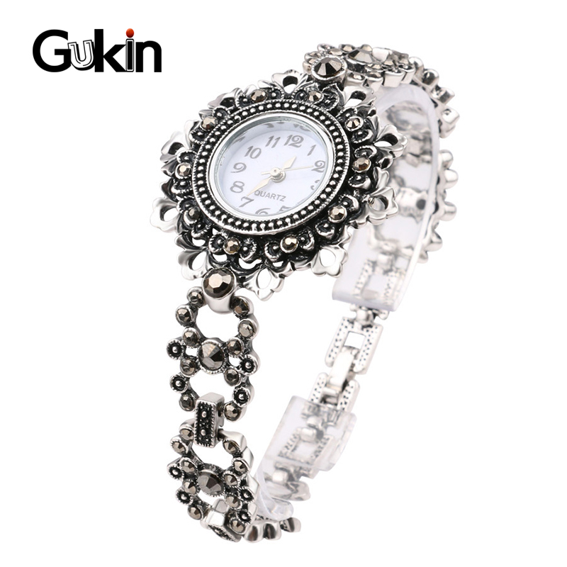 

Gukin New Vintage Look Exquisite Decorative Watch For Women Hollow Floral Crystal Bracelets For Women Silver Plated Boho Jewelry