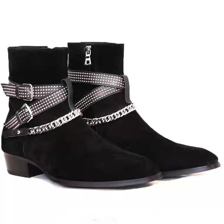 

Factory outlet handmade slp England dress denim men suede boots genuine leather tassel chian Ankle strap fashion persional rock boots, Black