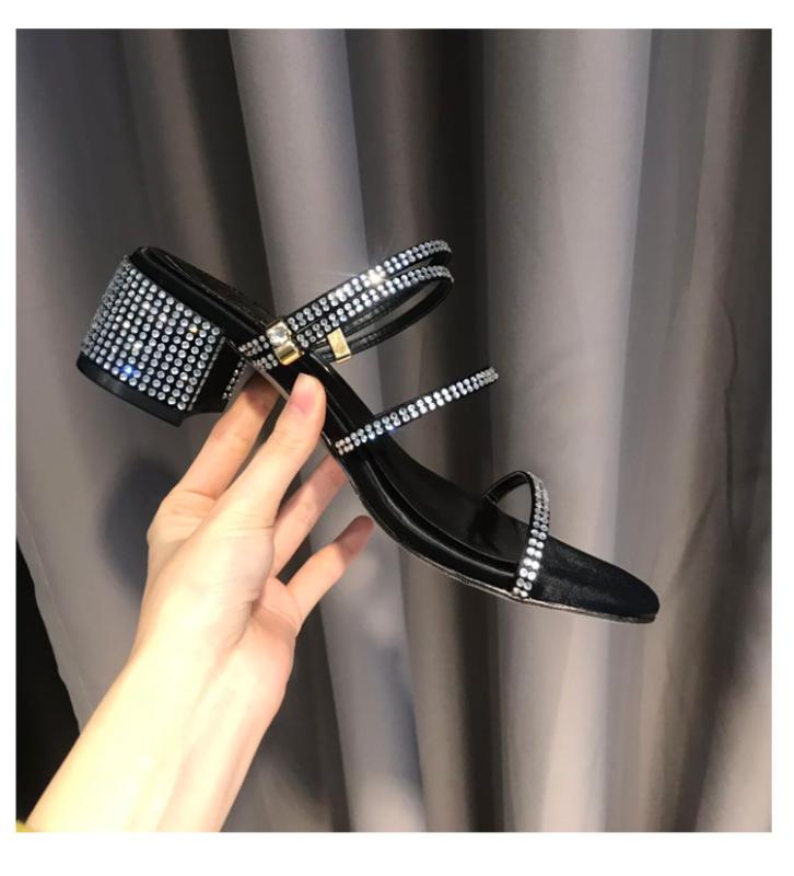

kmeioo summer fashion beach shoes woman jewel sandals outside slippers slip-on chunky heels crystal block heel slides, Black