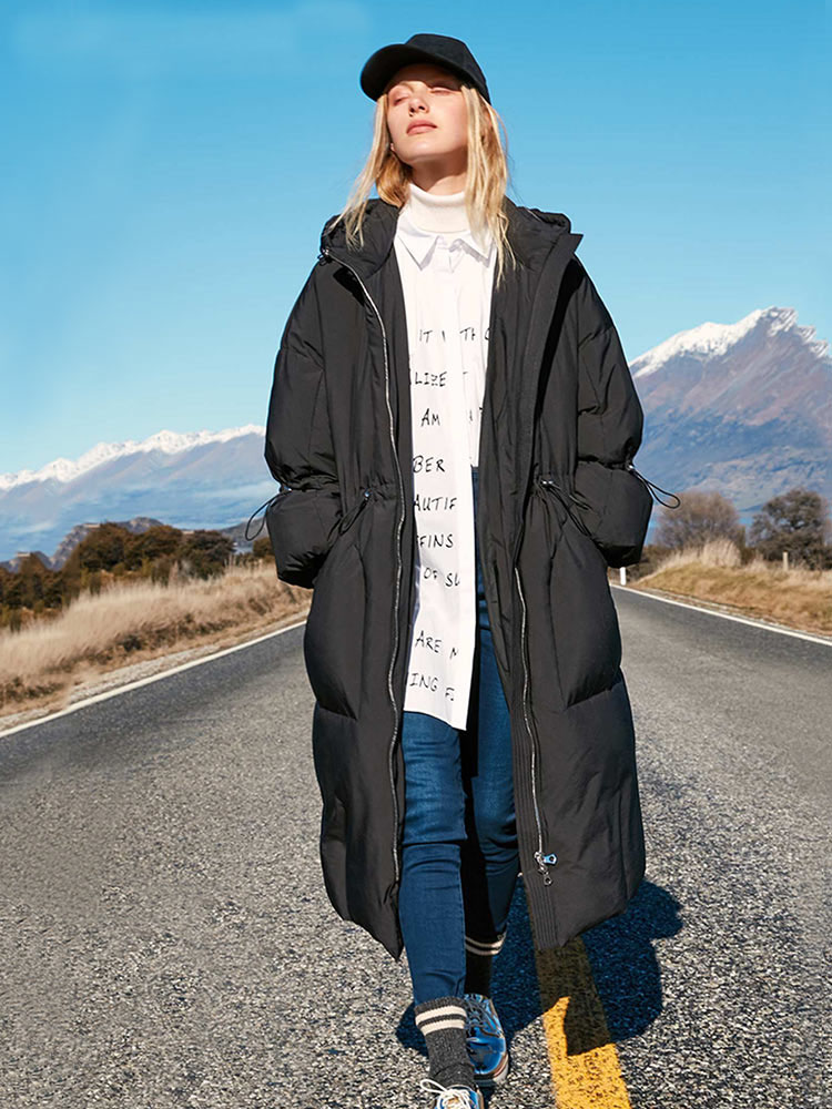 

FYYIYI 2019 Winter New Down Jacket Female Models Thick Warm Hooded Detachable Loose Windproof Hem Cuffs Waist Drawstring Jacket, Black