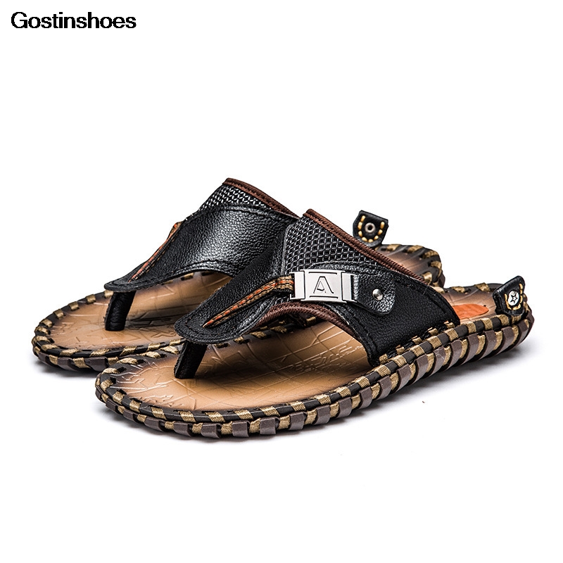

Men Summer Sandals Man Shoes Cool Genuine Leather Casual Cowhide Anti Slip Shoes Zapatos Hombre, Black