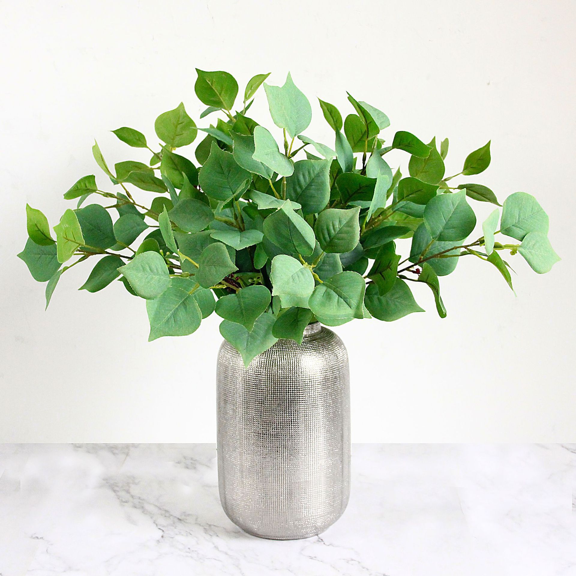 

5Pcs Simulation Apple Leaf 3 Forks Silk Green Leaves Fake Plants Decoration Home Garden Wedding Flower Wall Backdrop Branch Leaf, Green-white fruit