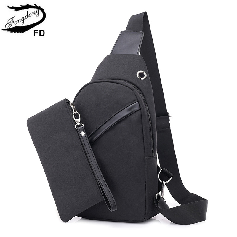 

Fengdong 2pcs/set male small one shoulder bag usb charge sling chest bag men messenger mini travel sports crossbody, Pure black