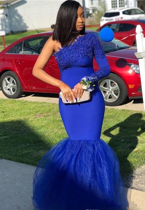 

2020 Mermaid Royal Blue One Shoulder Prom Dresses African Black Girls Pageant Holidays Graduation Wear Formal Evening Party Gowns Plus Size, Chocolate