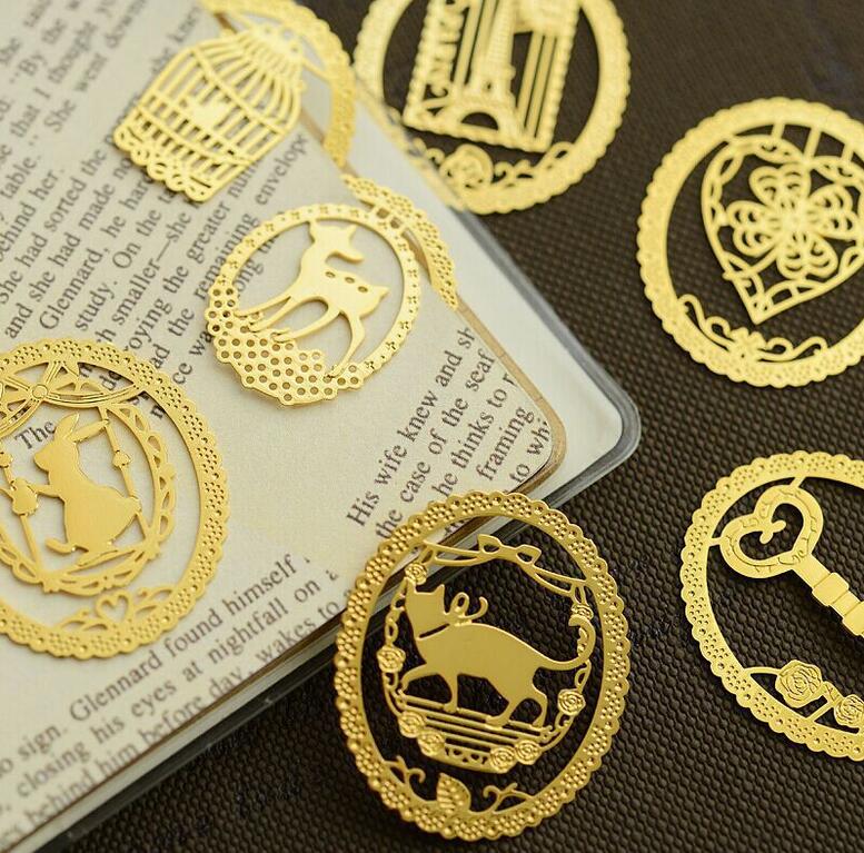 

NEW Hollow Out Metal Bookmark Creative Gold Lace Cartoon Bookmarks School Stationery Supplies Favor Gift Multi Styles 100pcs Free ship