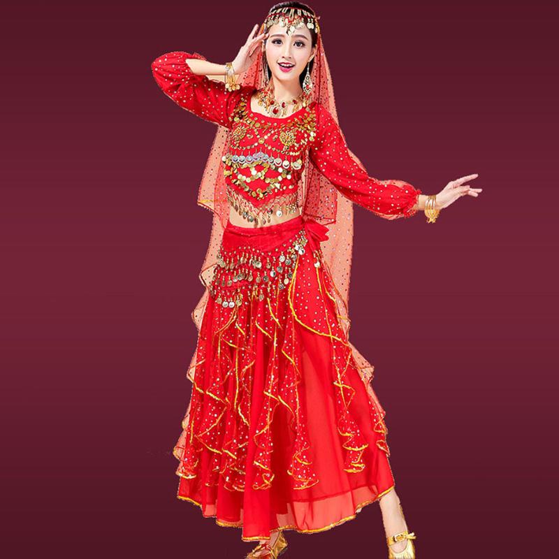 

Belly dance dress Set Women Tops Pants Waist Chain Veil Headdress Earring Bracelet Bellydance costume Dancing Performance 0037, Red