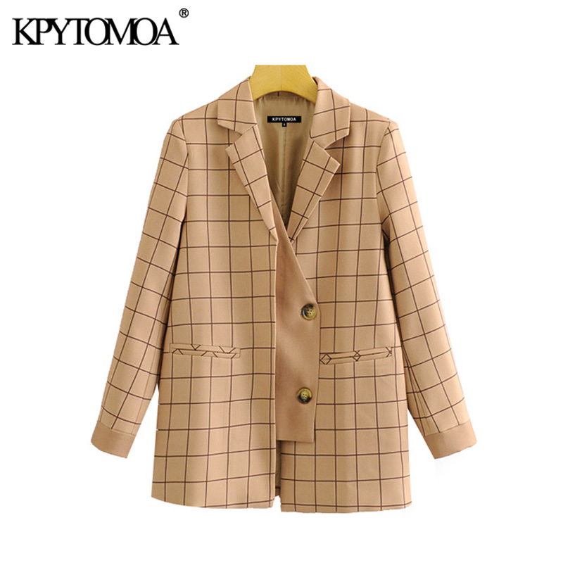 

Vintage Stylish Patchwork Plaid Blazer Coat Women 2020 Fashion Notched Collar Long Sleeve Female Outerwear Chic Tops, As picture