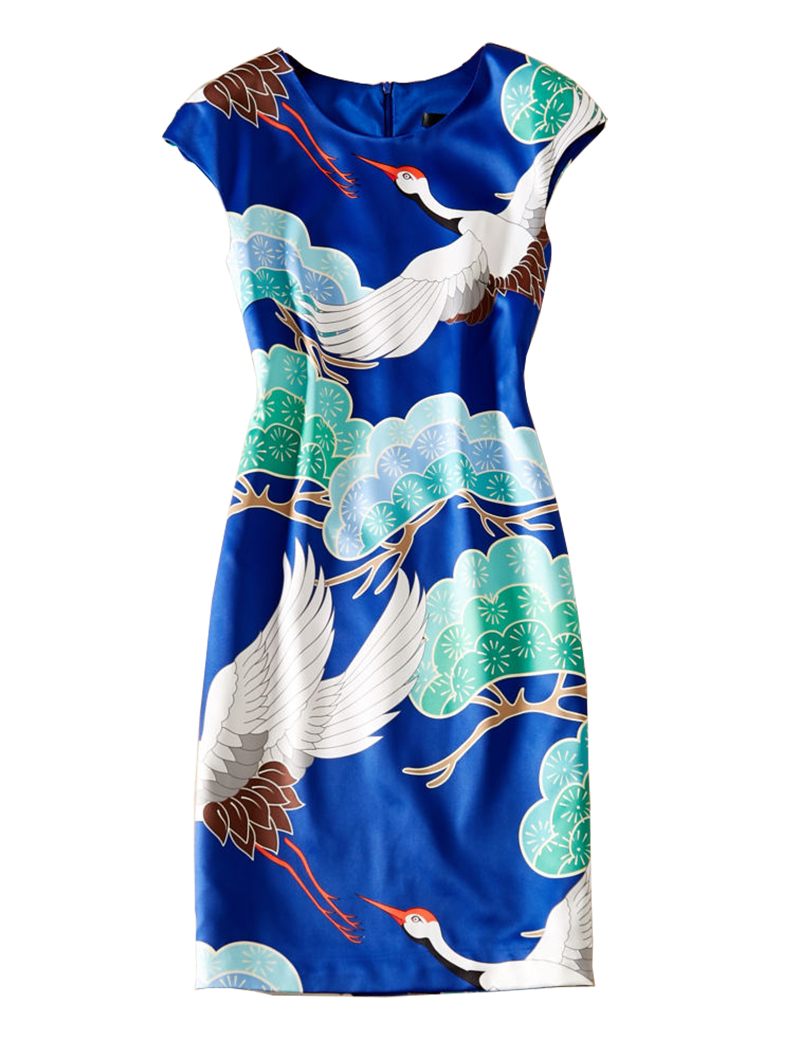 

Crane Print Women Sheath Dress Cap-Sleeve Casual Dresses 08K846, As pictures