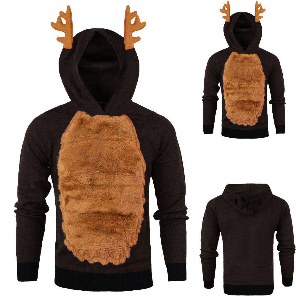 

Men Autumn Winter Xmas Hoody Feather Hooded Christmas 3D Blouse Top, Brown