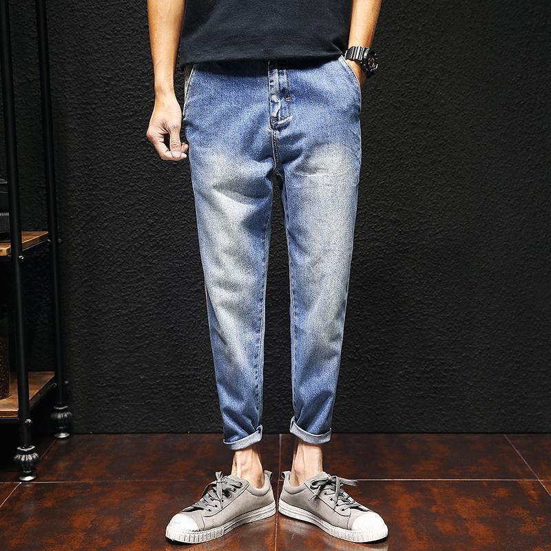 

Summer Jeans Men Slim Fashion Washed Retro Jean Pants Mens Streetwear Wild Gradient Hip Hop Denim Pants Male Cowboy Trousers, Navy blue