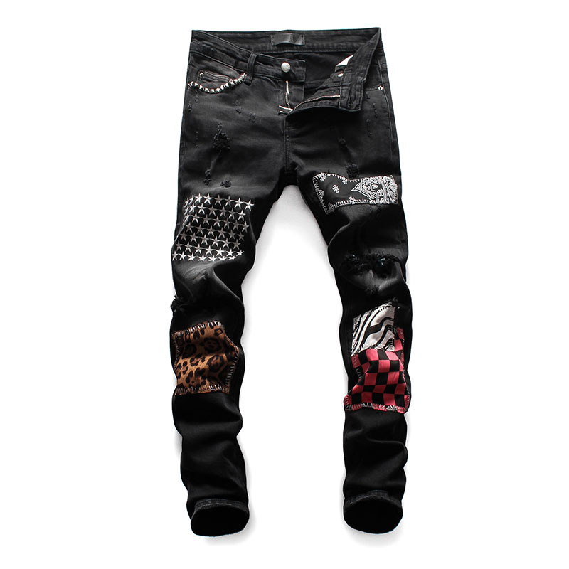 

European black men brand jeans pants Men slim jeans patchwork Moto & Biker rivet design luxury pants hole for, 8098 black