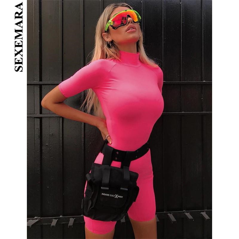 

SEXEMARA Neon Hot Pink Romper Women Turtleneck Short Sleeve Biker Shorts Bodycon Jumpsuit Streetwear One Piece Outfit C67-H91, As pic