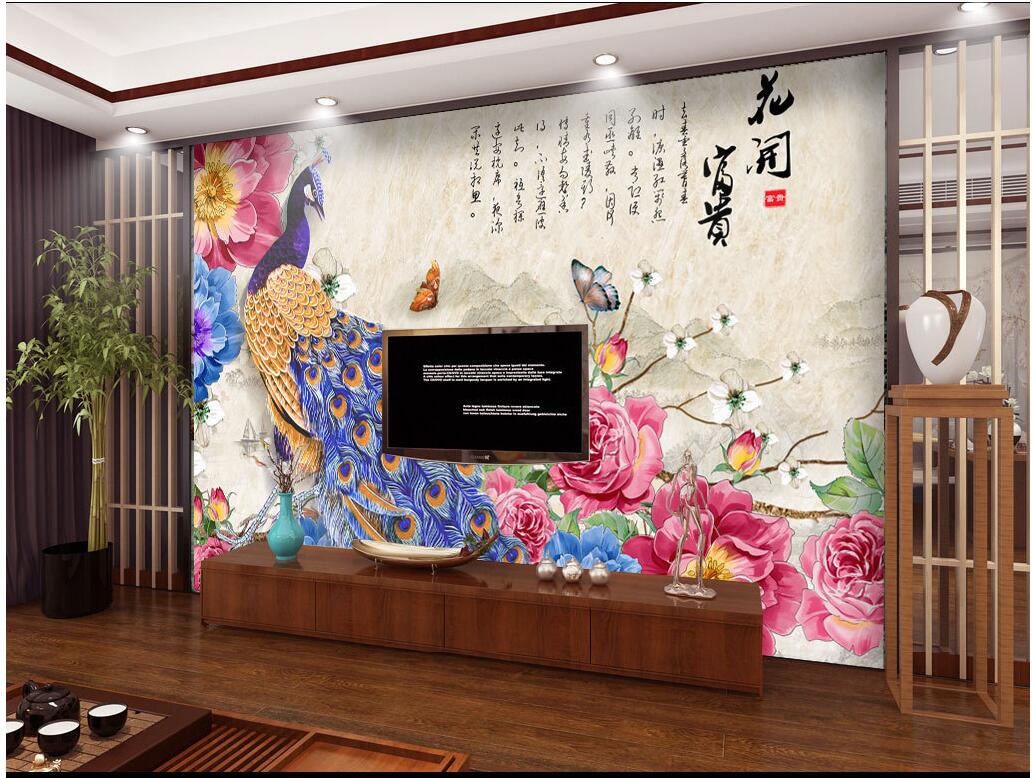 

WDBH custom photo 3d wallpaper Chinese style vintage peony flower open peacock room home decor 3d wall murals wallpaper for walls 3 d, Non-woven