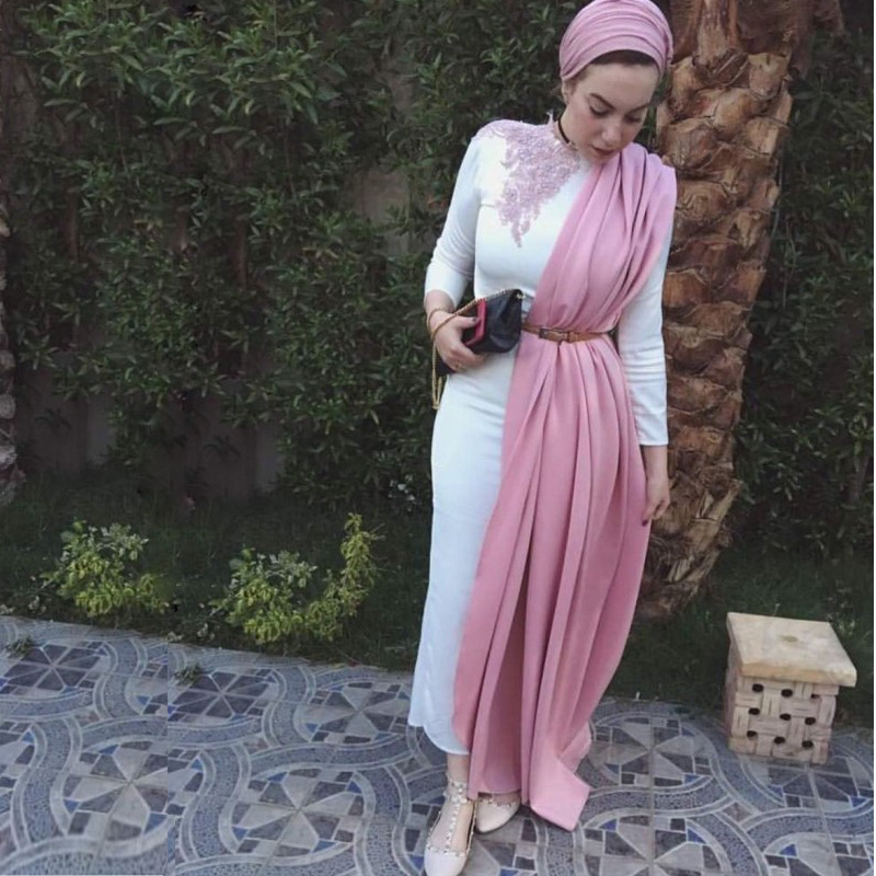 

Elegant White Sheath Muslim Evening Dresses With Long Sleeves Jewel Neck Appliques Beaded Evening Gowns Ankle Length Prom Dress, Light purple