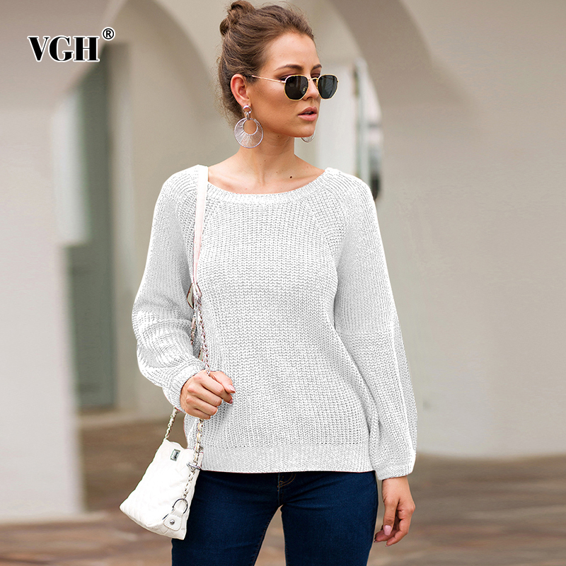 

VGH Red Kintting Sweaters For Women O Neck Lantern Sleeves Loose Pullovers Large Size Casual Sweater Female 2019 Autumn New, White