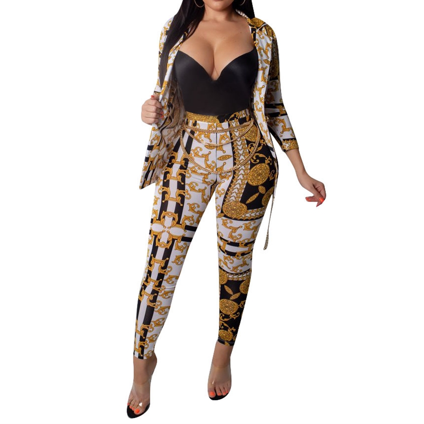 

Gold Chain Printed Two Piece Set Women Tracksuits Autumn Spring Long Sleeve Button Up Shirt And Pant Ladies Boho Sweat Suit, As pic