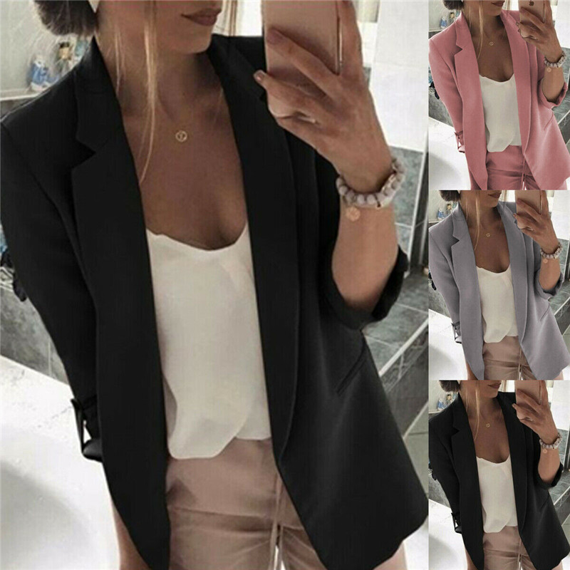 

Ladies Long Sleeve Outerwear Suit Slim Pockets Coat Cardigan Blazer 2020 Spring New Formal Office Work Solid Blazer Outerwear, Black