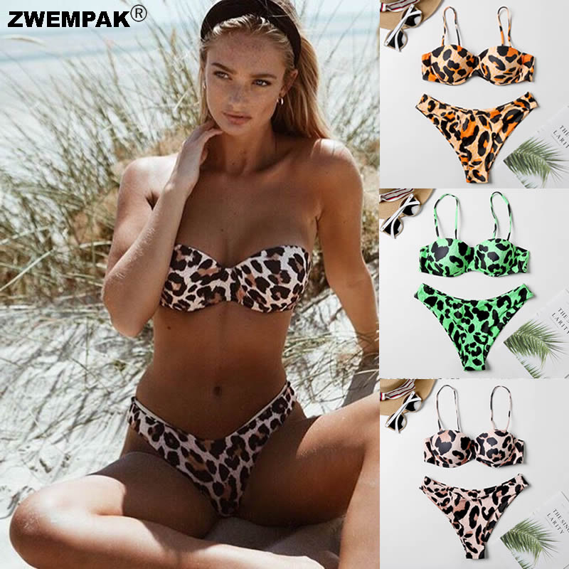 

Summer Leopard Print Women Two Pieces Swimsuit 2020 Sexy Bandeau Push Up Bikini Set Female Beach Wear Swim Suits Femme Biquini