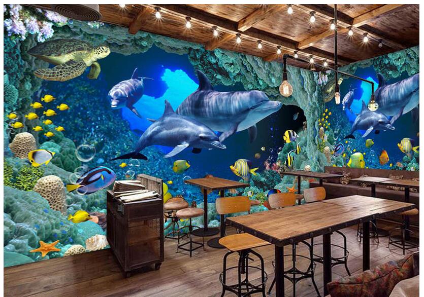 

3d wallpaper custom photo Blue underwater world dolphin TV background wall living room Home decor 3d wall murals wallpaper for walls 3 d, Non-woven