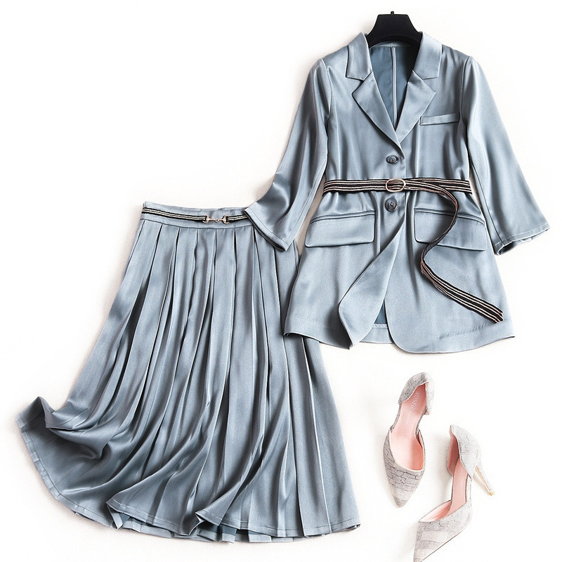 2020 Spring Summer 3/4 Sleeve Notched-Lapel Knitted Waist Belt Blazers + Minimalist Panelled Mid-Calf Skirt Two Piece 2 Pieces Set OM2752597