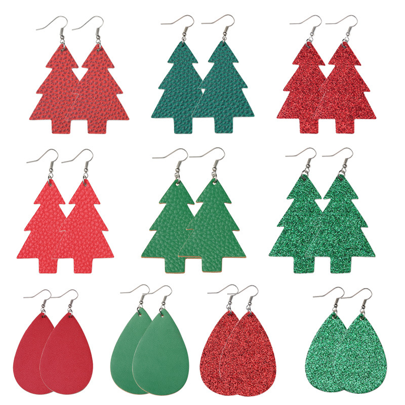 

New Double Side PU Leather Waterdrop Christmas Trees Women Pendant Earrings Halloween Ear Hook Eardrop Dangle Christmas Gifts Free Shipping