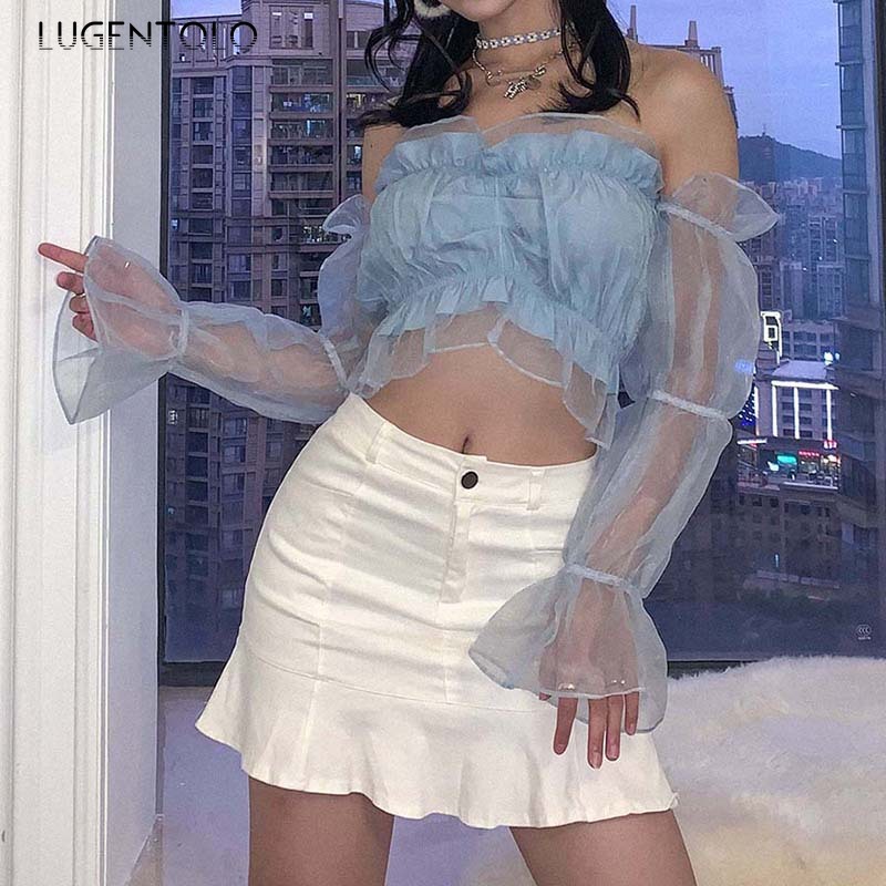 

Lugntolo Fashion Summer Women' T-shirt Mesh Perspective Slim-Fit Navel New Horizontal Neck Long-Sleeved Chic T-shirts, Blue
