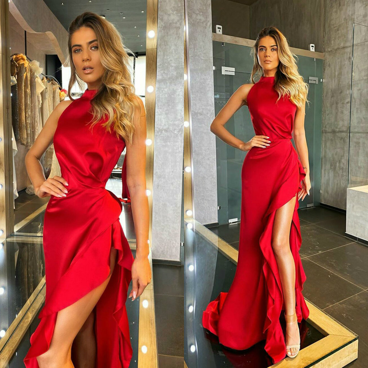 

New Lace Prom Dresses Sexy Jewel Sleeveless High Side Split Party Gowns Cheap Custom Lace Satin Made Evening Dresses For Women, Chocolate