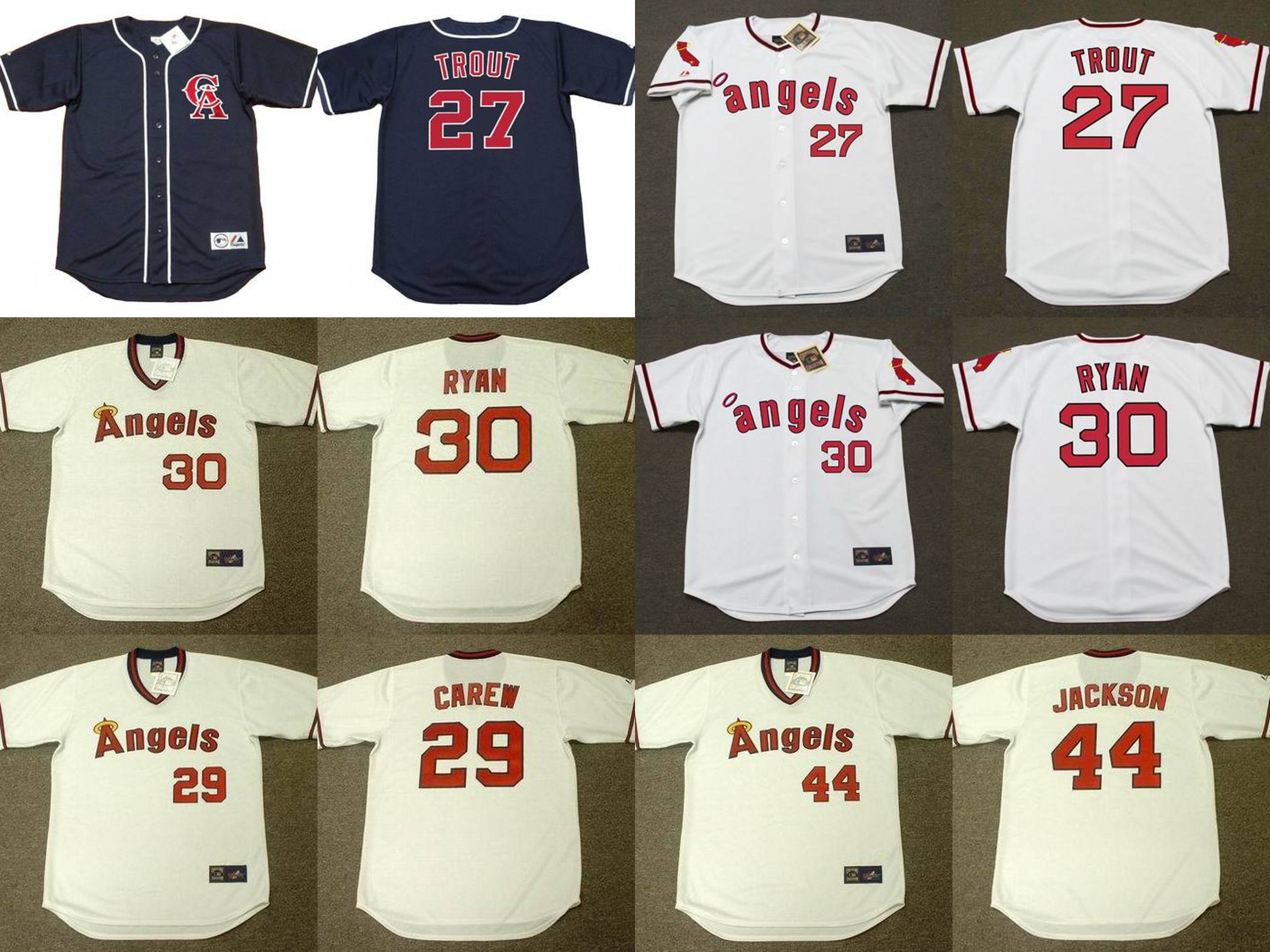 

California 27 MIKE TROUT 30 NOLAN RYAN 44 REGGIE JACKSON 29 ROD CAREW 1995 Throwback Alternate Baseball Jersey