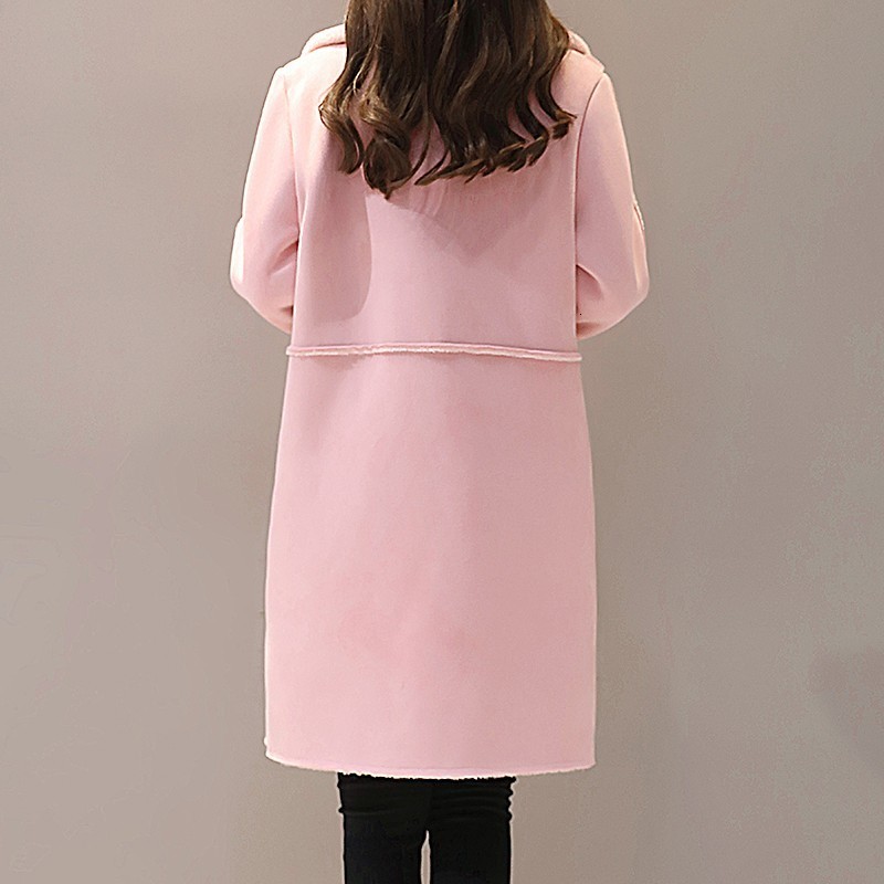

Winter Women Warm Fleece Lining Faux Suede Leather Coat Outwear Windbreaker Office Ladies Slim Fit Overcoat Thick Trench Coat, Pink