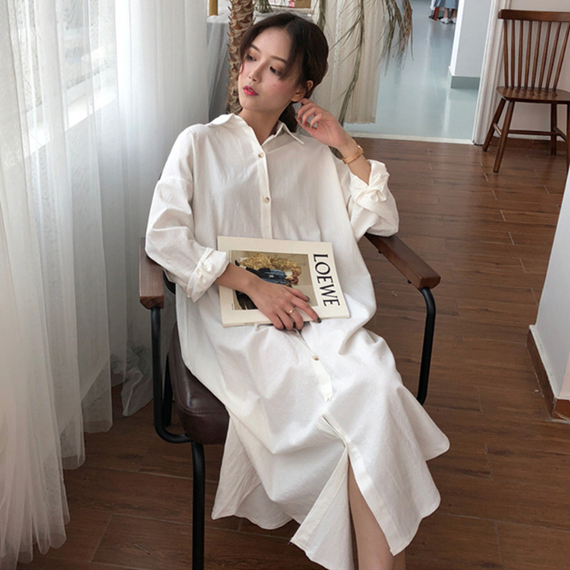 

Side Slit Cotton Long Women Blouses Simple Sexy Loose Women Full Shirts 2020 Spring Tops Turn-down Collar Casual Comfort Clothes, Blue