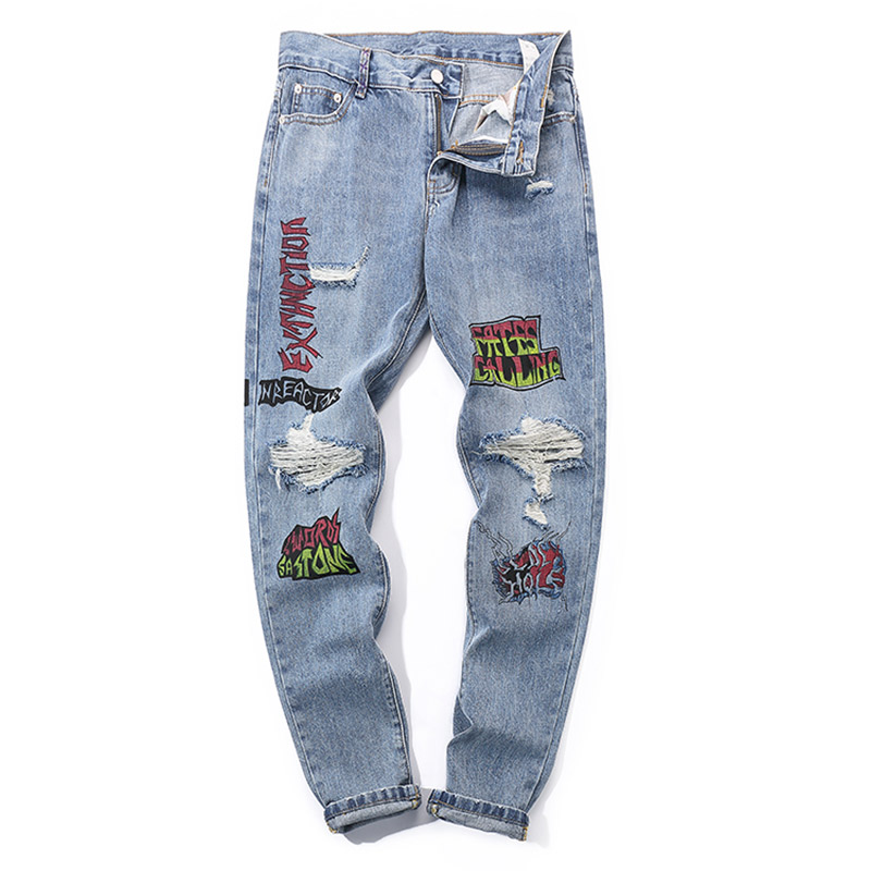 

Men's Jeans Blue Biker Men Reflective Print Hole Hip Hop Denim Pants Mens Vintage Skinny Trousers Ripped Streetwear