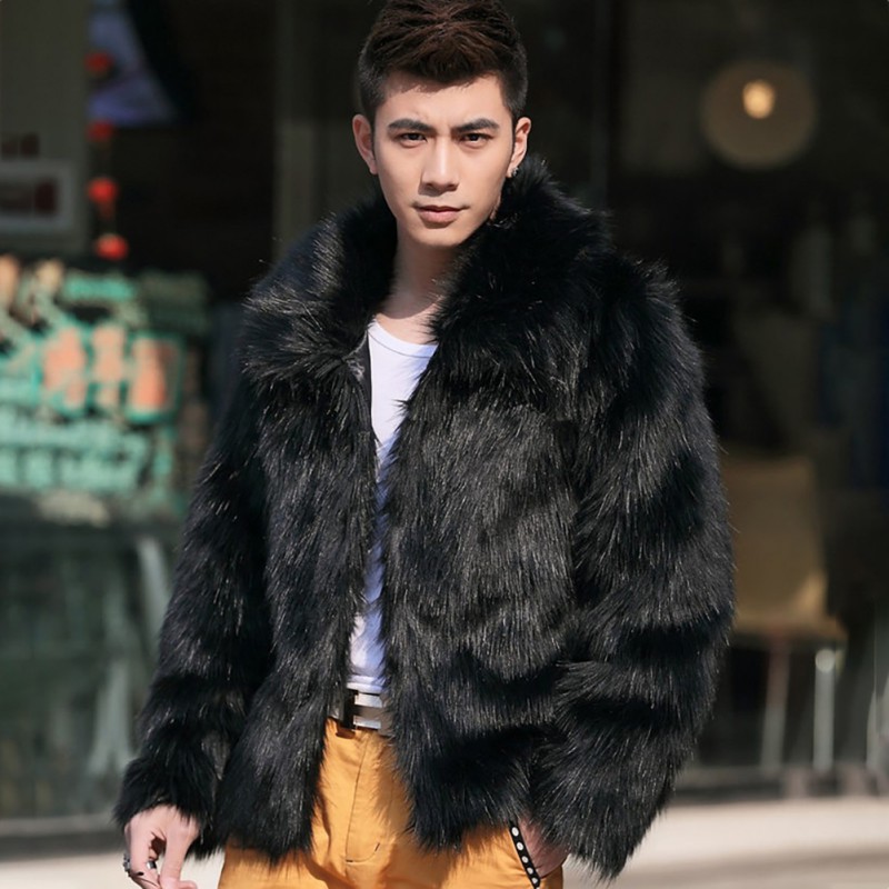

2019 Men's Clothing Faux Fur Coats Long Sleeve Turn Down Collar Hairy Overcoat Winter Warm Outwear Hairy Coat Fashion, Black