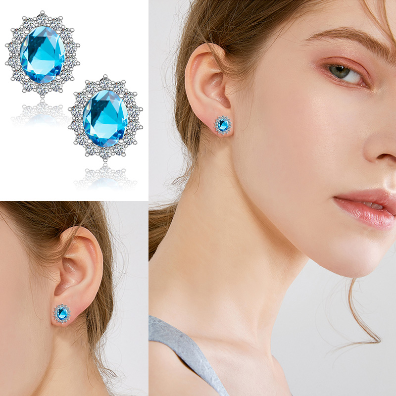

Silver 925 Gemstone Earrings Aquamarine Diamond Earings Studs For Wedding Birthstone Diy Fine Jewellery Gifts