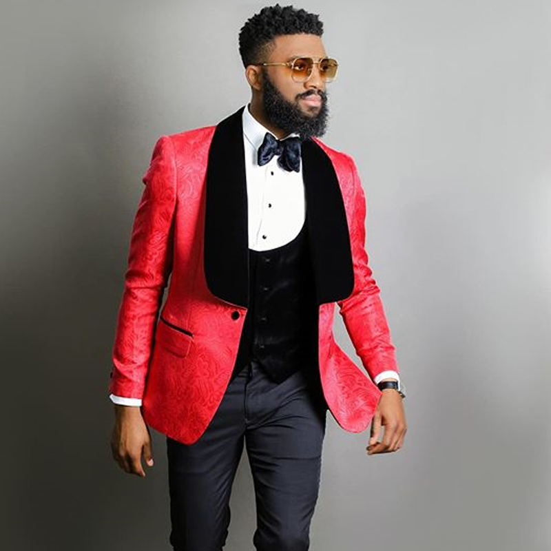 

Red Floral Suits for Mens 3 piece with Black Velvet Shawl Lapel 2020 Men Fashion Clothes Slim fit Male Wedding Tuxedo for Groom