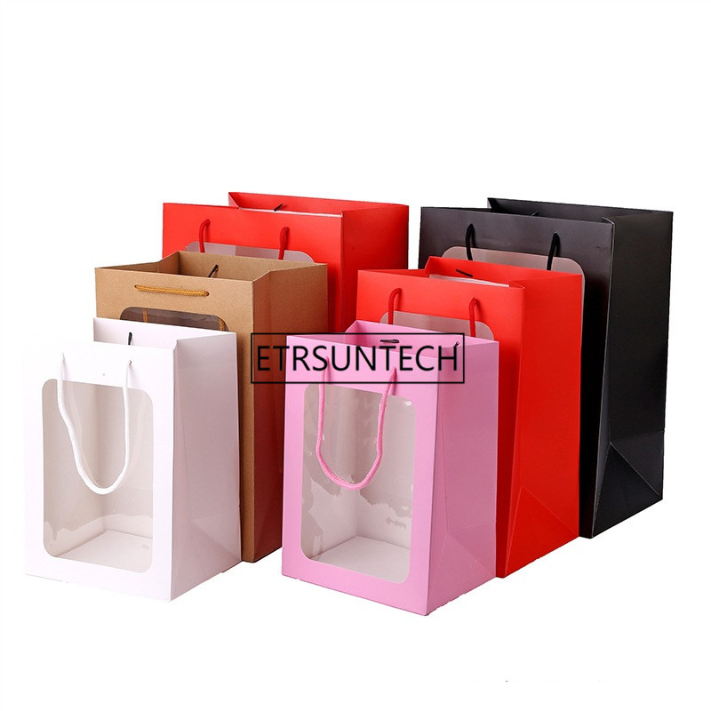 

100pcs/lot Colorful kraft paper bag with handle Wedding Party Favor Window Paper Gift Bag creative flower