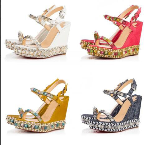 

Elegant Red Bottom Pyraclou 60 Stud Women Wedges Ankle Strap Ladies Spiked Sandals Party Wedding Genuine Leather Summer Sandals, Black