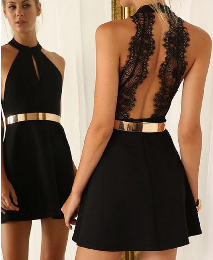 Women Girls New Fashion Sexy Solid V-Neck Chiffon Dress Summer Sleeveless Hollow Out Lace Floral Spliced Short Mini Dress-image-476494844