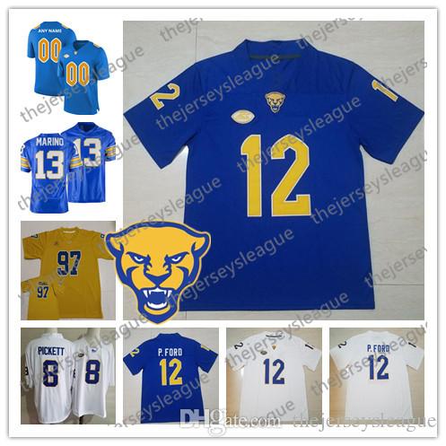 

Pittsburgh Panthers Pitt 2019 #12 Paris Ford 33 Tony Dorsett 89 Mike Ditka 97 Aaron Donald Stitched Navy White Royal NCAA Football Jerseys, 2019 white