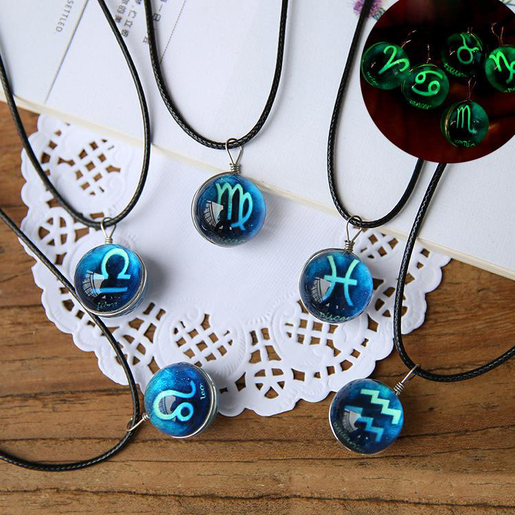 

12 Zodiac Signs Luminous Necklace women Glow in the dark constellation Glass gemstone Pendant Black leather wax rope chains For Men Jewelry