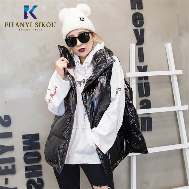 

2019 Winter Vest Women Sleeveless Jacket Hooded Coat Fashion Single Breasted Cotton Vest Coat Female Loose Thick Warm Waistcoat, Black