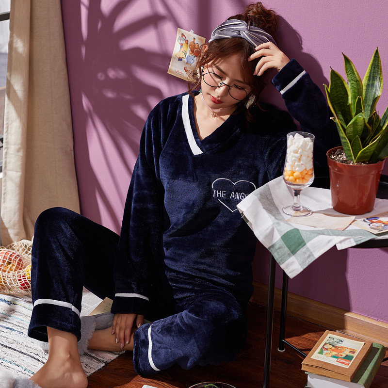 

JINUO 2018 Korean Sweet Princess Wind Women Winter Flannel Pajama Sets Ladies Thicken Long Sleeve Solid Color Home Wear