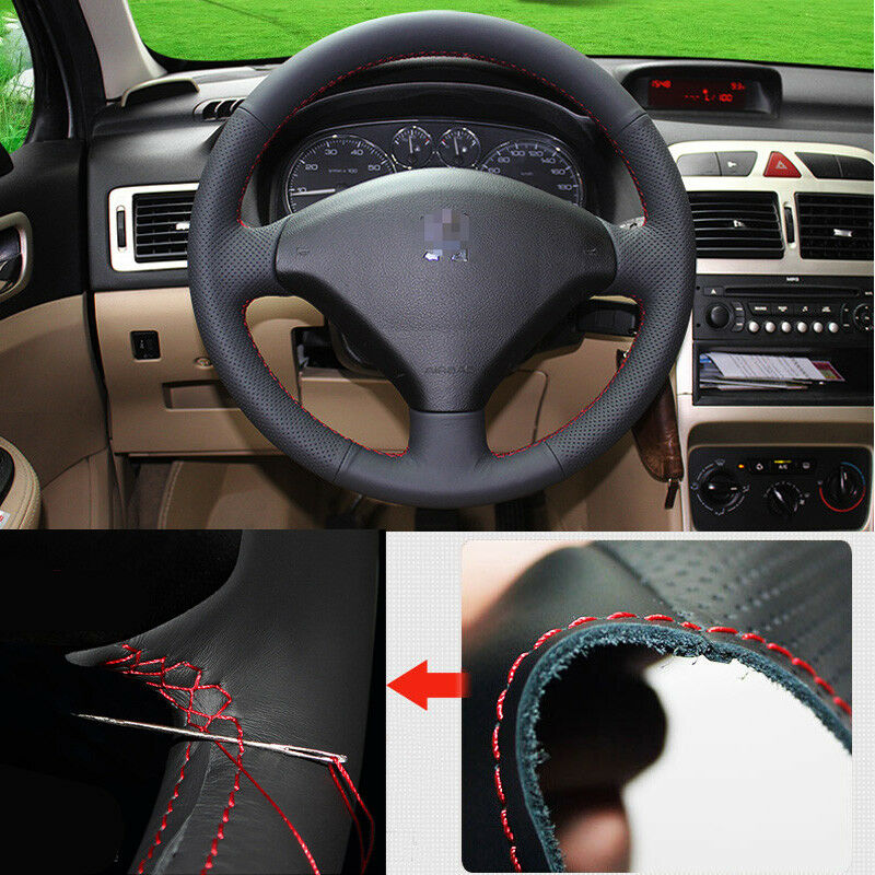 For Peugeot 307 Car Steering Wheel Cover Non-slip DIY Hand Sewing Black Leather-image-454955874