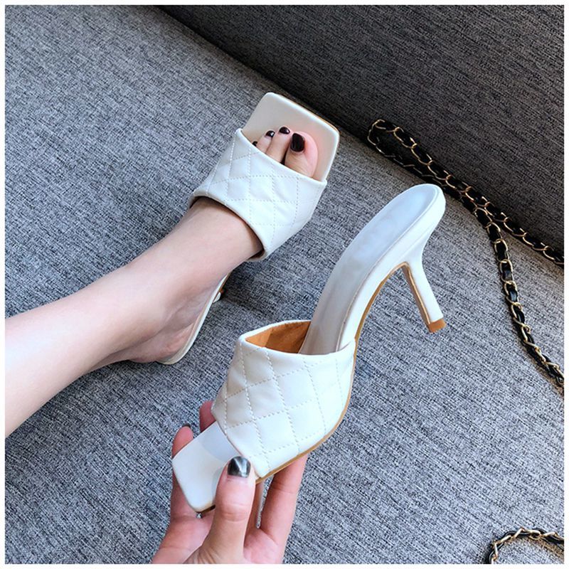 

2020 Summer New Women Slipper Fashion High Heel Sandals Sexy Square Toe Slides Outdoor Beach Flip Flops Pumps, Beige