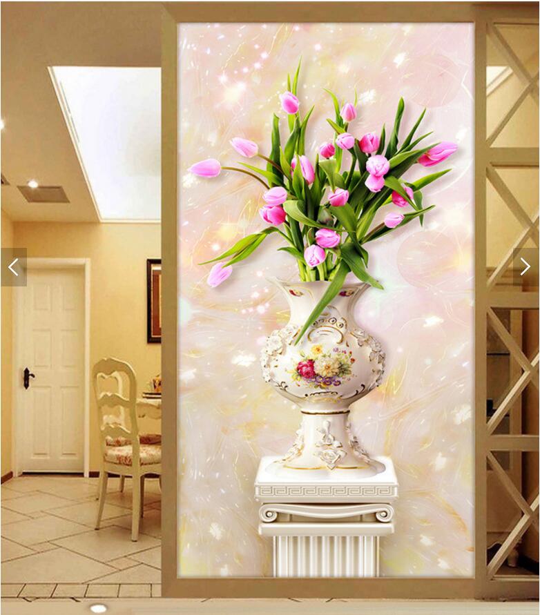

3d wallpaper custom photo Tulip vase flower arrangement jade carving porch background room home decor 3d wall muals wallpaper for walls 3 d, Non-woven